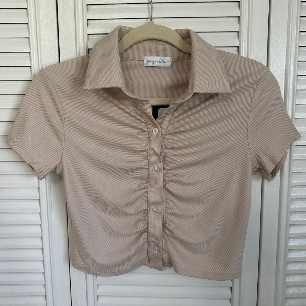 Juniper Blue Button Up Ruched Top with Collar